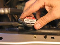 The coolant cap is on top of the radiator and/or coolant reservoir. When the engine is cool, twist to open.